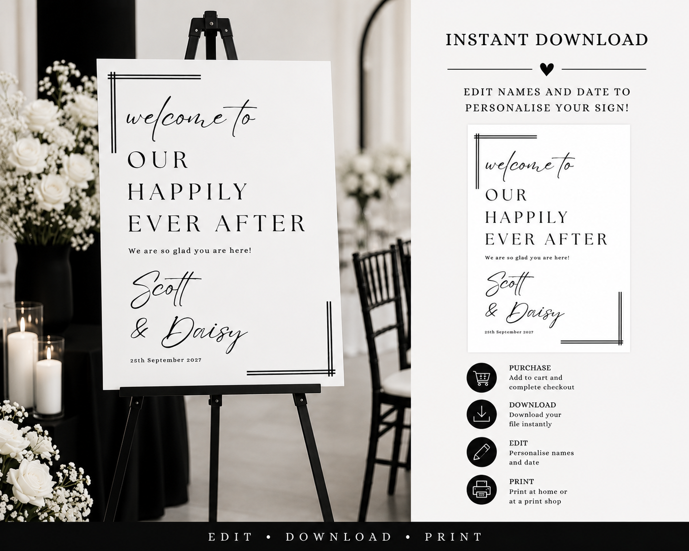 Happily Ever After Welcome Wedding Sign Template (Instant Download)