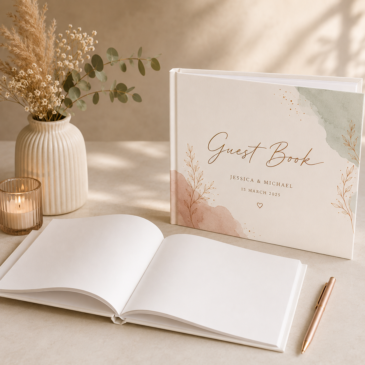 Sage Green & Blush Pink Personalised Wedding Guest Book