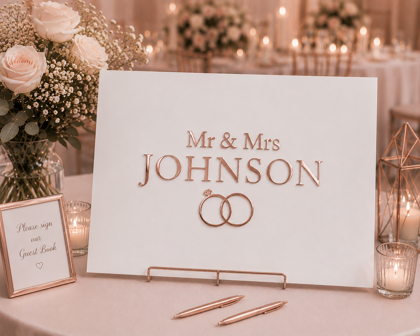 Elegant Personalized Wedding Signing Board with 3D Metallic Lettering