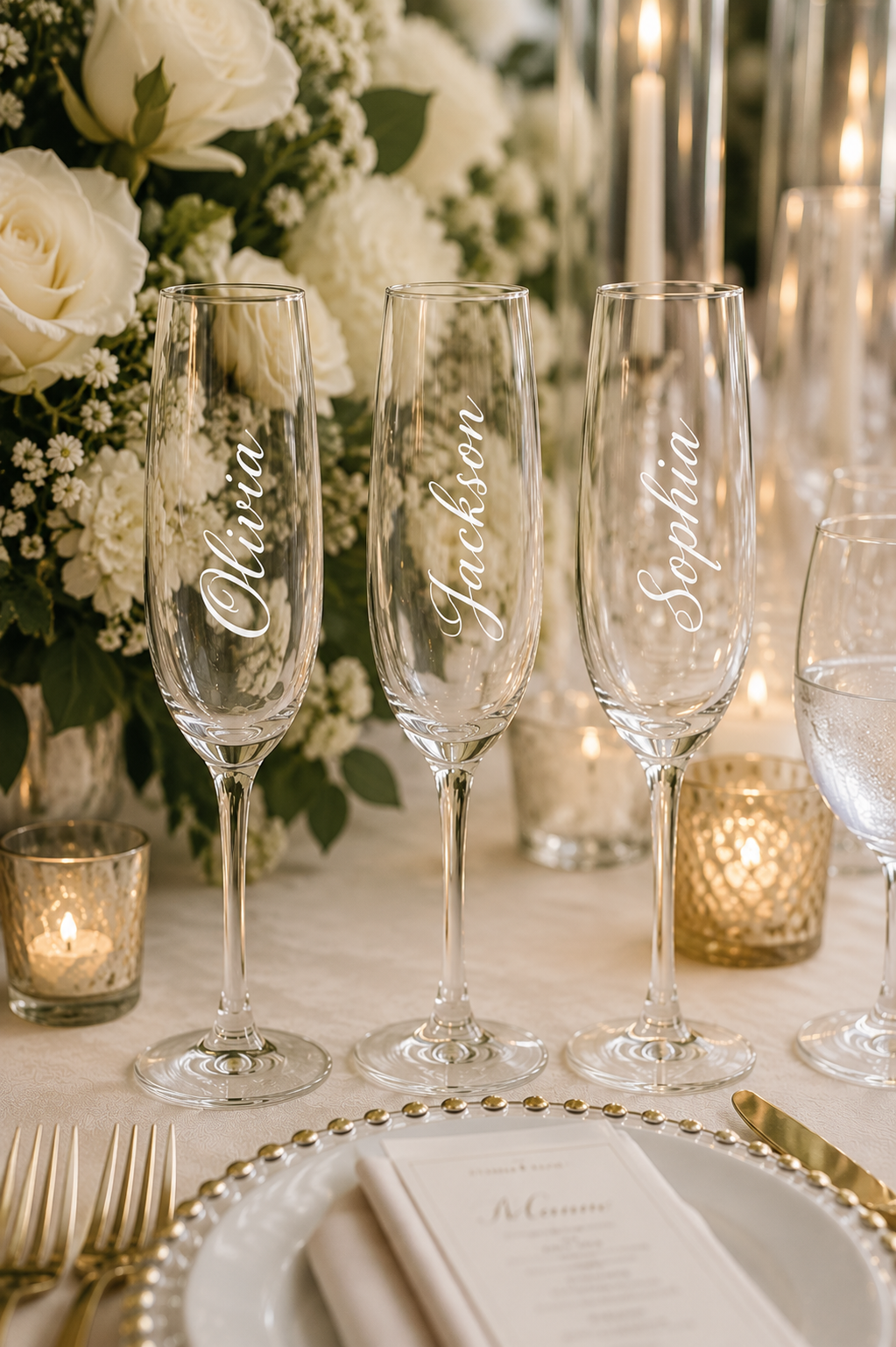 3 in 1 Personalised Champagne Glass. Wedding Favour. Name Place. Toast Glass.