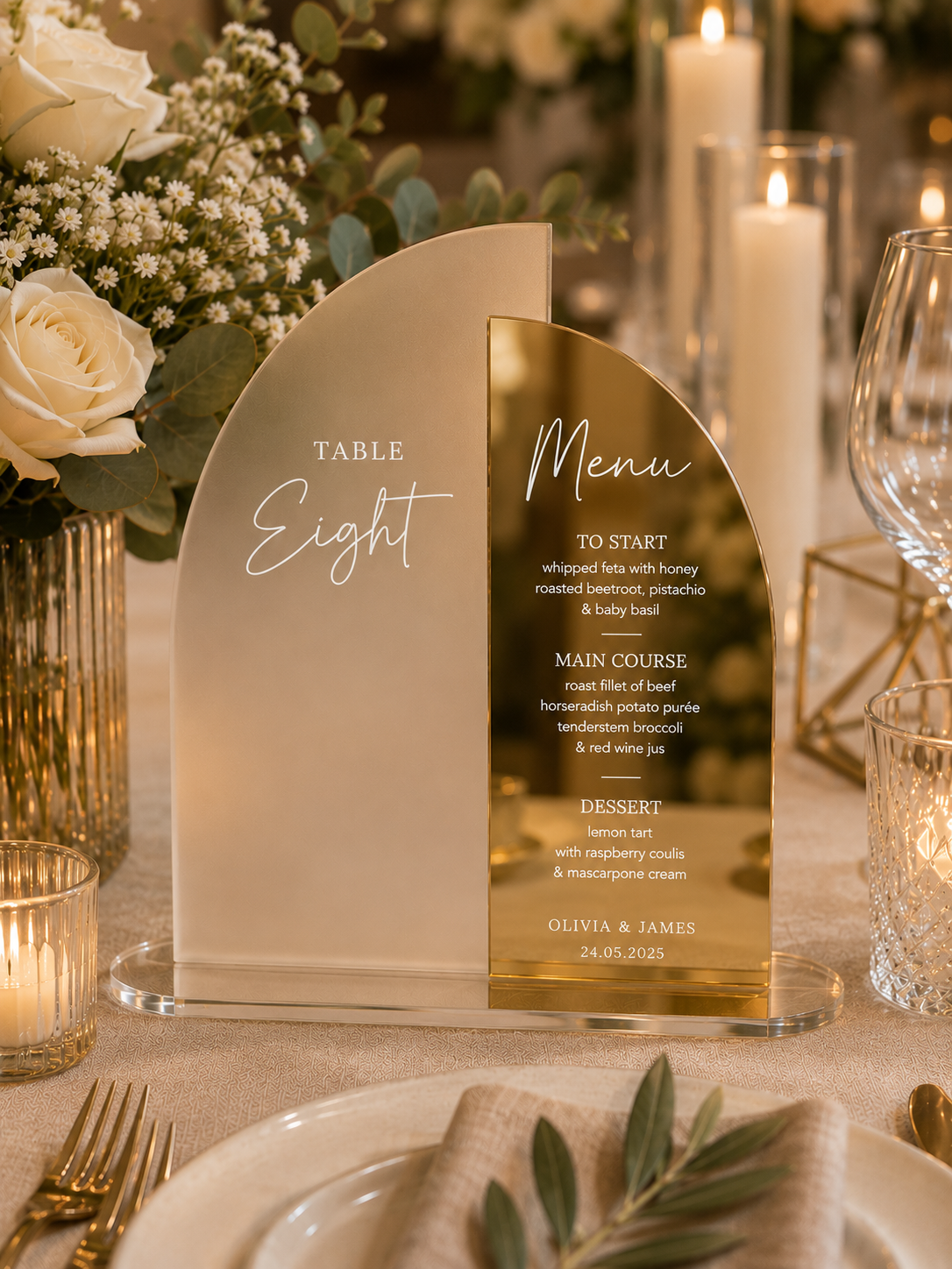 Personalised Frosted & Mirror Acrylic Wedding Menu & Table Number Sign