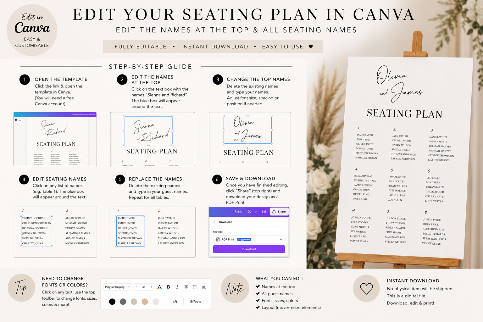 Minimalist Monochrome Wedding Seating Plan template (instant download)