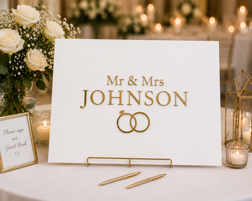 Elegant Personalized Wedding Signing Board with 3D Metallic Lettering