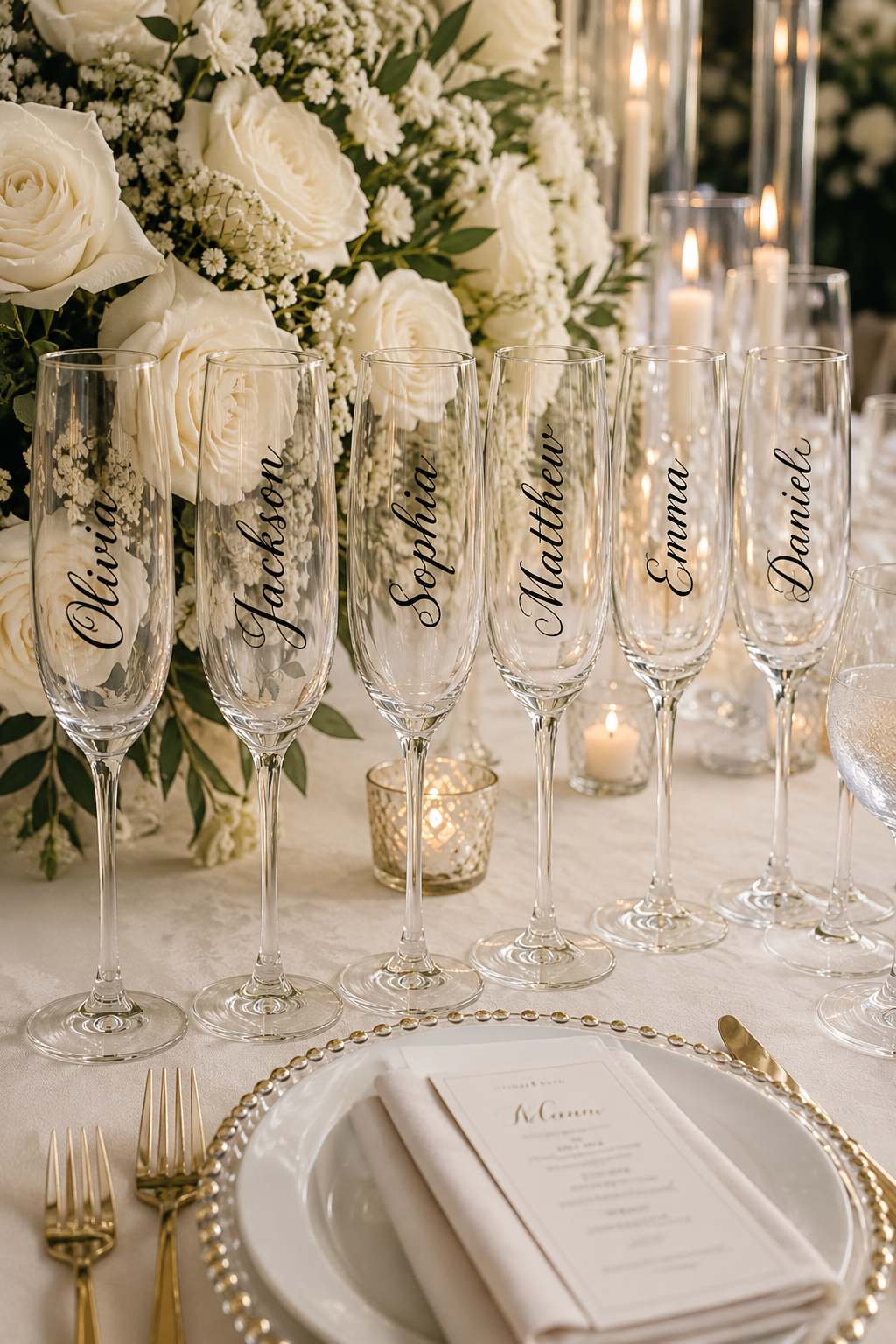 3 in 1 Personalised Champagne Glass. Wedding Favour. Name Place. Toast Glass.