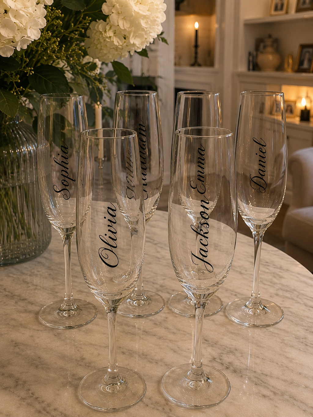 3 in 1 Personalised Champagne Glass. Wedding Favour. Name Place. Toast Glass.