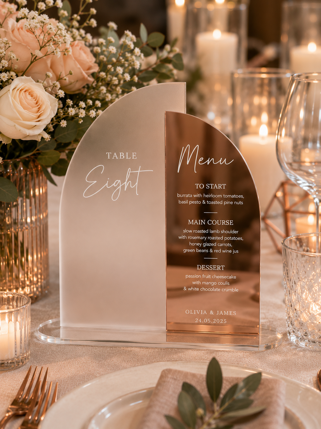 Personalised Frosted & Mirror Acrylic Wedding Menu & Table Number Sign