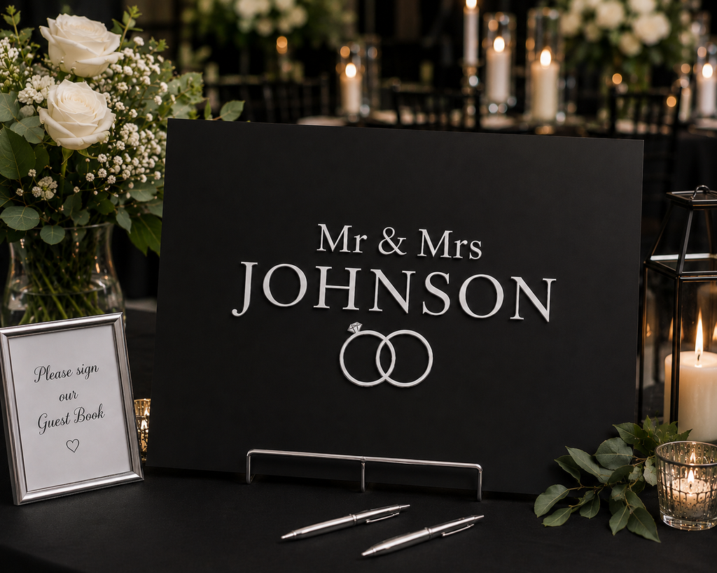 Elegant Personalized Wedding Signing Board with 3D Metallic Lettering