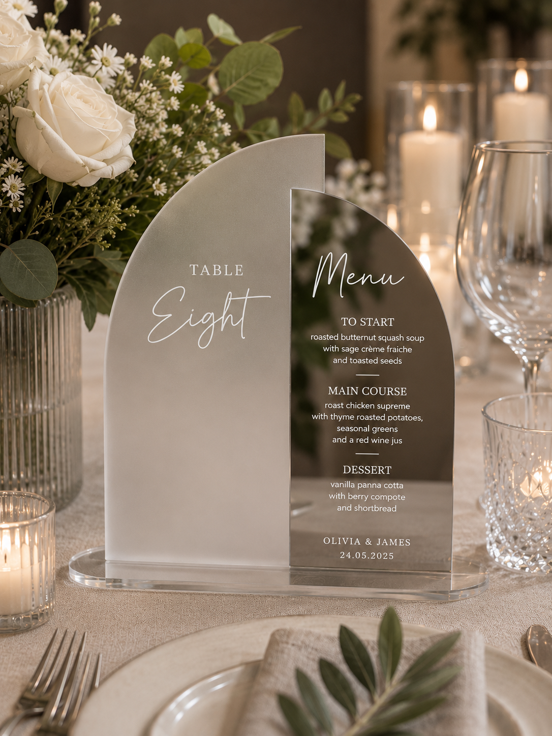 Personalised Frosted & Mirror Acrylic Wedding Menu & Table Number Sign