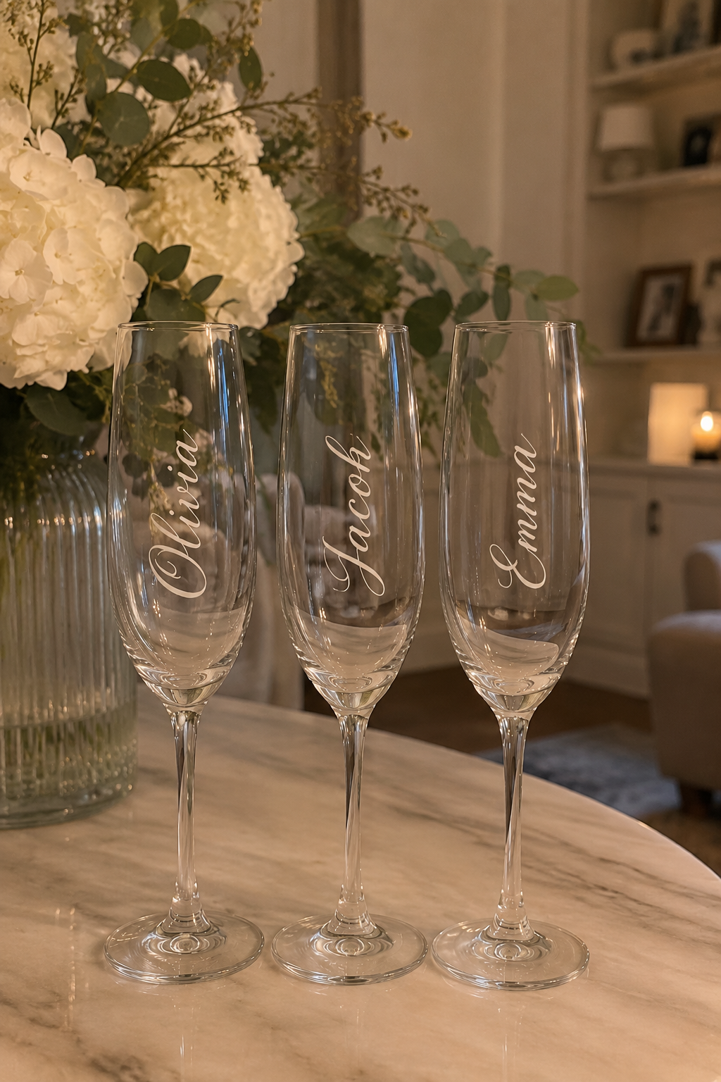 3 in 1 Personalised Champagne Glass. Wedding Favour. Name Place. Toast Glass.