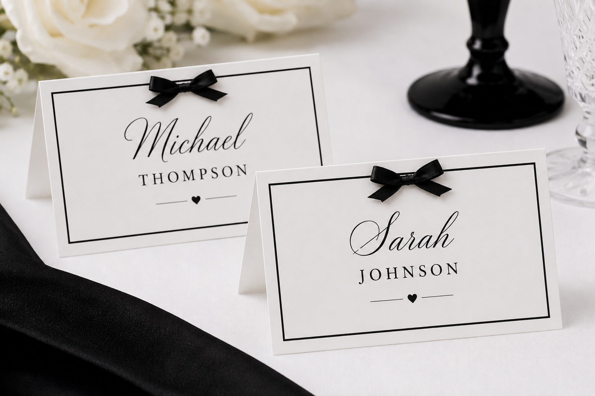 Monochrome Name Place Cards & Delicate Black Satin Bow
