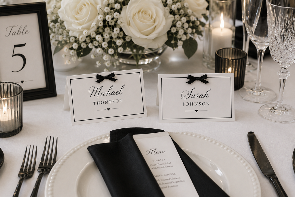 Monochrome Name Place Cards & Delicate Black Satin Bow
