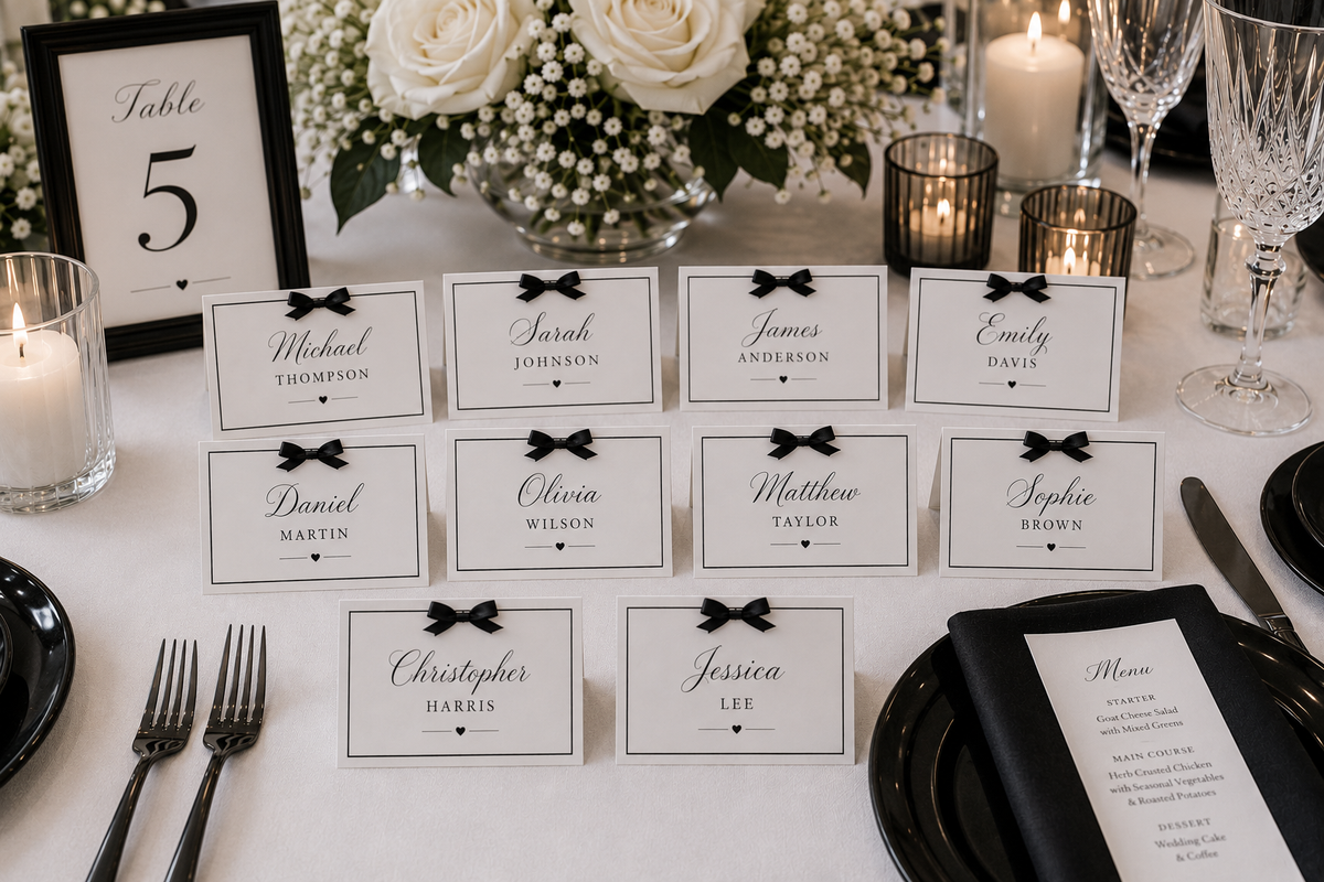 Monochrome Name Place Cards & Delicate Black Satin Bow