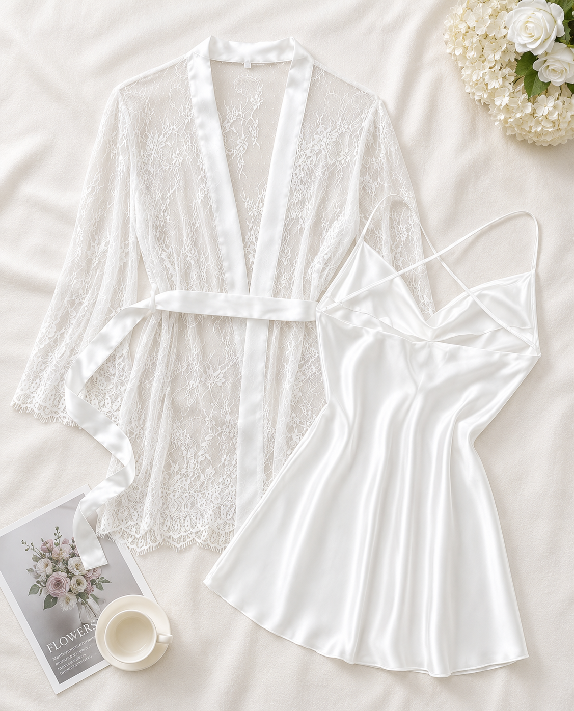 White Satin & Lace Nightwear Set