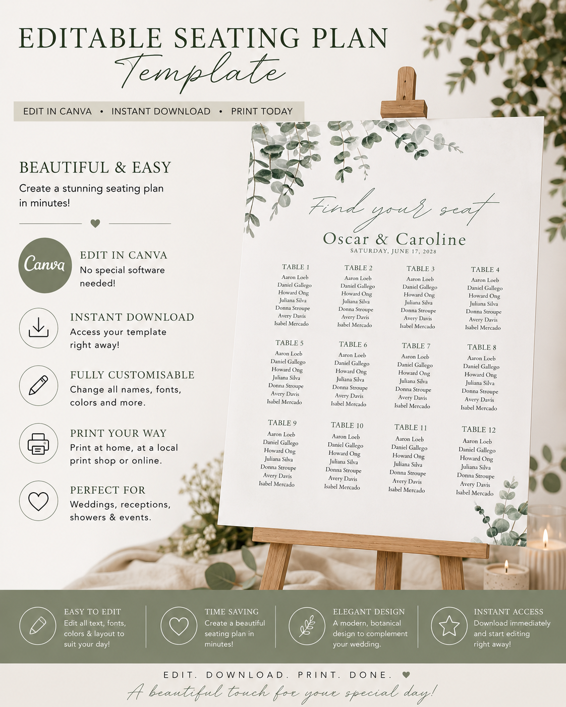 Floral Botanical Wedding Seating Plan Template (Instant Download)