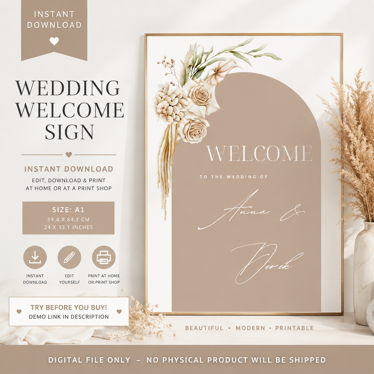 Boho Arch Wedding Welcome Sign Template (Instant Download)
