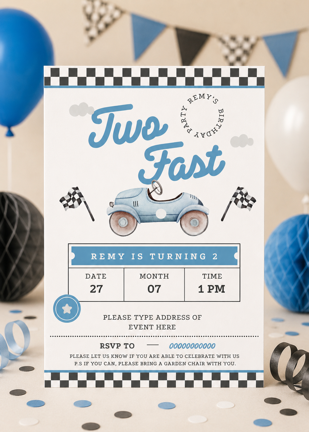 Editable Car Two Fast Birthday Invitation (Instant Download)