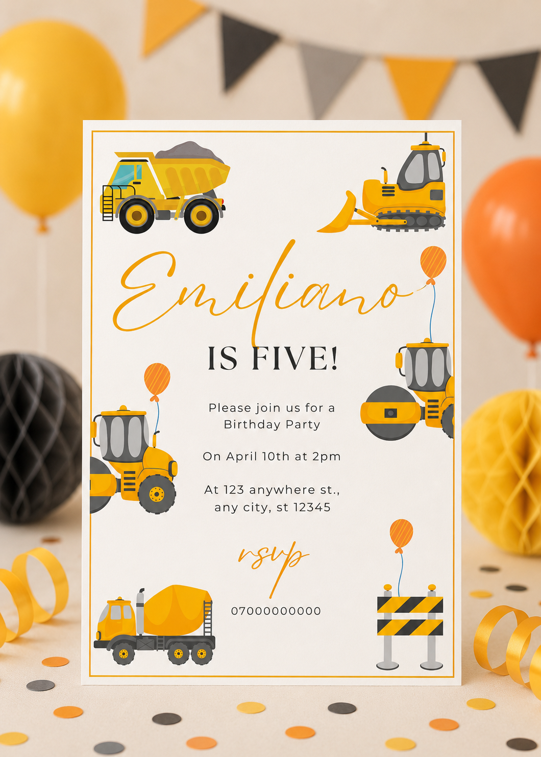 Editable Construction Birthday Invitation (Instant Download)