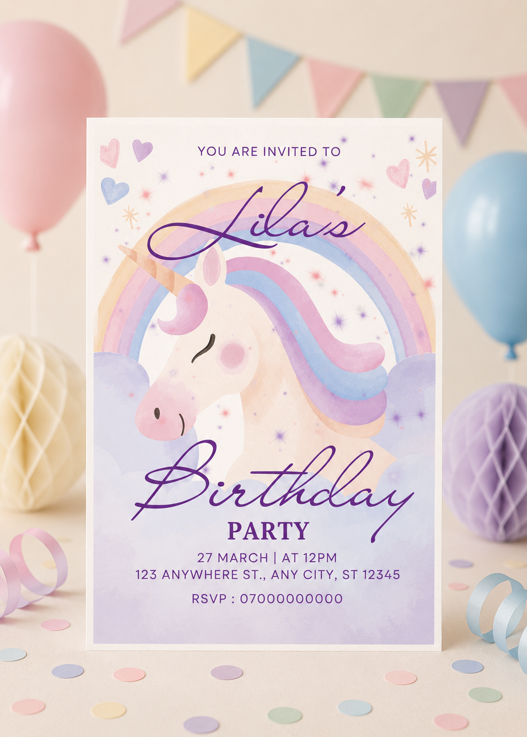 Editable Unicorn Birthday Invitation (Instant Download)