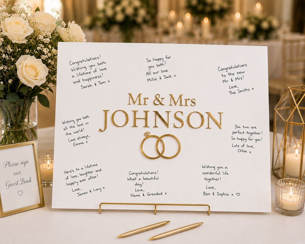 Elegant Personalized Wedding Signing Board with 3D Metallic Lettering