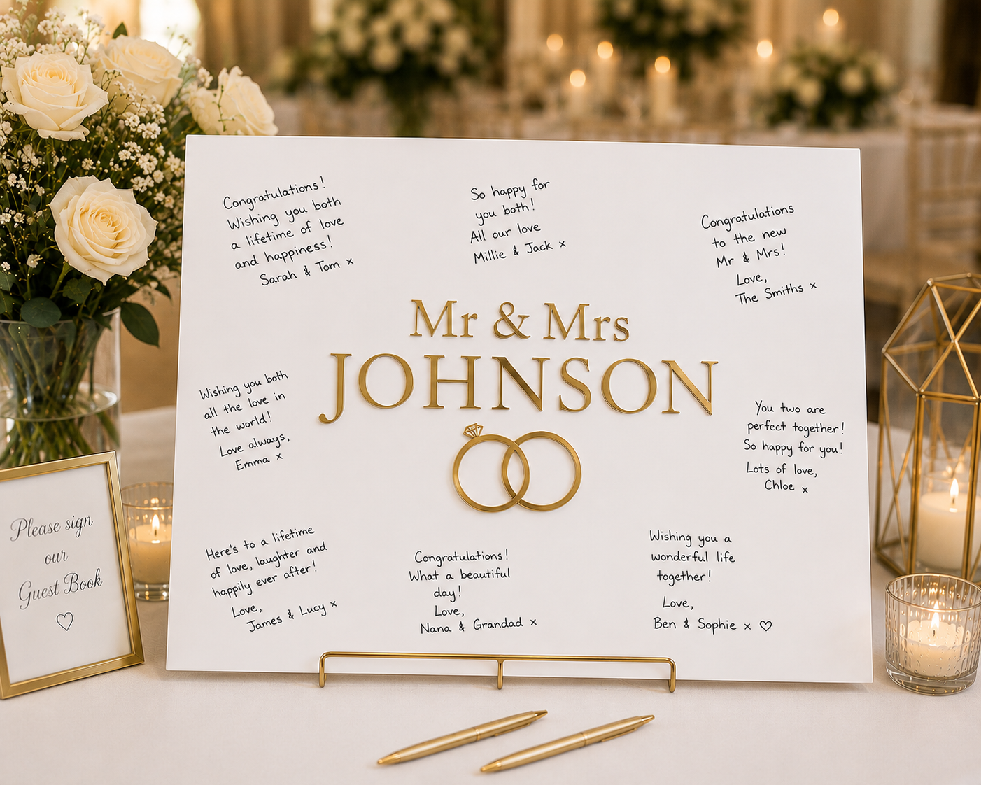 Elegant Personalized Wedding Signing Board with 3D Metallic Lettering