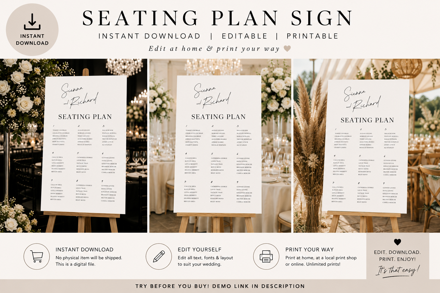 Minimalist Monochrome Wedding Seating Plan template (instant download)