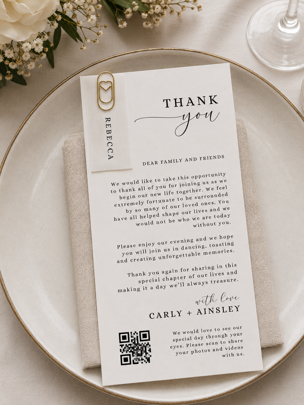 Personalised Wedding Thank You Place Cards